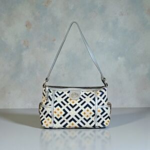 Spartina 449 Genuine Leather And Linen Blue and Cream Geometric Shoulder Bag